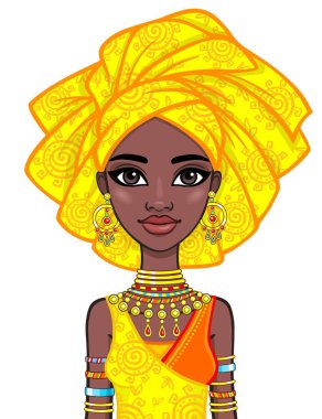 Animasyon bir Türban çekici Afrikalı kız portresi. Parlak etnik kıyafetler. Beyaz bir arka plan üzerinde izole vektör çizim.