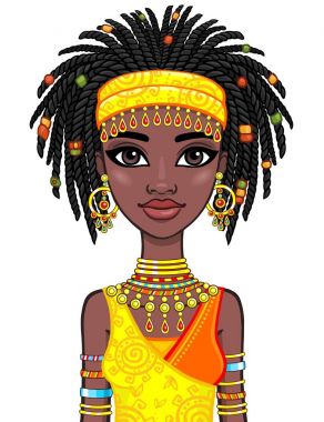 Animasyon çekici Afrikalı kız portresi. Parlak etnik kıyafetler. Beyaz bir arka plan üzerinde izole vektör çizim.