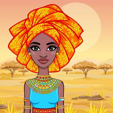 Animasyon çekici Afrikalı kız portresi. Parlak etnik kıyafetler. Arka plan - Afrika savana bir manzara. Vektör çizim.