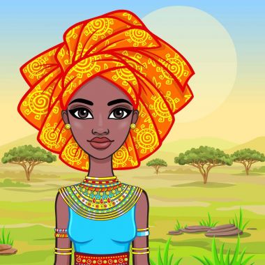Animasyon çekici Afrikalı kız portresi. Parlak etnik kıyafetler. Arka plan - Afrika savana bir manzara. Vektör çizim.