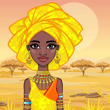 Animasyon çekici Afrikalı kız portresi. Parlak etnik kıyafetler. Arka plan - Afrika savana bir manzara. Vektör çizim.