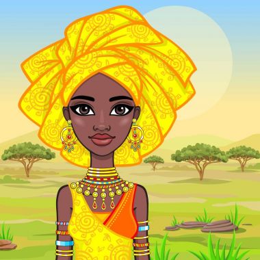 Animasyon çekici Afrikalı kız portresi. Parlak etnik kıyafetler. Arka plan - Afrika savana bir manzara. Vektör çizim.