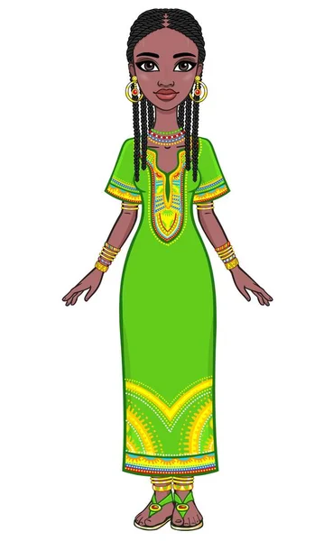 애니메이션 매력적인 아프리카 여자의 초상화입니다. 밝은 민족 의류. 전체 성장입니다. 흰색 배경에 고립 벡터 일러스트 레이 션. — 스톡 벡터