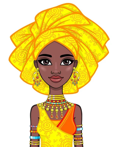 애니메이션 터 번에 매력적인 아프리카 여자의 초상화. 밝은 민족 의류. 흰색 배경에 고립 벡터 일러스트 레이 션. — 스톡 벡터