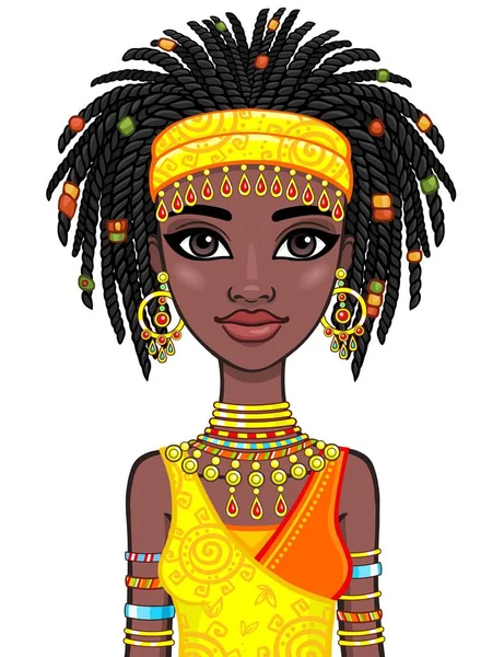 Portret animacji atrakcyjna dziewczyna Afryki. Jasne ubrania etniczne. Wektor ilustracja na białym tle. — Wektor stockowy
