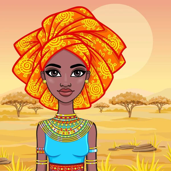 动画的迷人的非洲女孩的画像。鲜艳的民族服装。背景-非洲大草原景观。矢量图. — 图库矢量图片