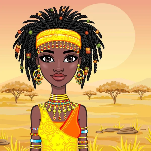 Πορτραίτο κινούμενα σχέδια το ελκυστικό κορίτσι της Αφρικής. Φωτεινά έθνικ ρούχα. Φόντο - ένα τοπίο της αφρικανικής σαβάνας. Εικονογράφηση διάνυσμα. — Διανυσματικό Αρχείο