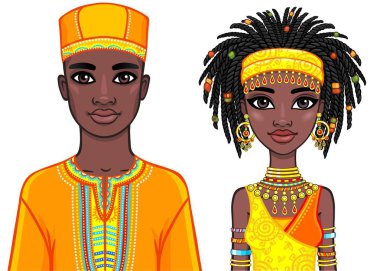 Animasyon parlak etnik giysiler içinde Afrika aile portresi. Beyaz bir arka plan üzerinde izole vektör çizim.