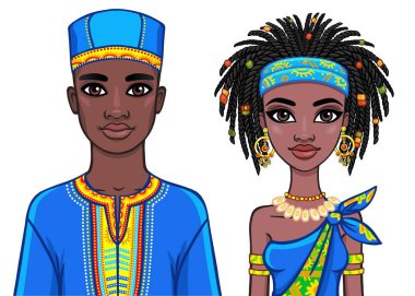 Animasyon parlak etnik giysiler içinde Afrika aile portresi. Beyaz bir arka plan üzerinde izole vektör çizim.