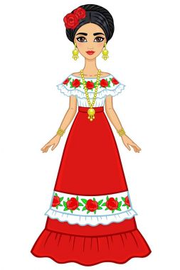 Animation portrait of the young beautiful Mexican girl in ancient clothes. Full growth. The vector illustration isolated on a white background. clipart