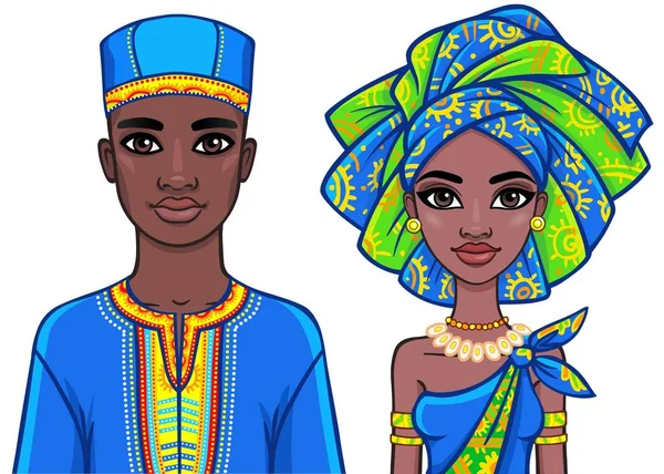 Retrato de animação da família africana em roupas étnicas brilhantes. Ilustração vetorial isolada sobre fundo branco . — Vetor de Stock