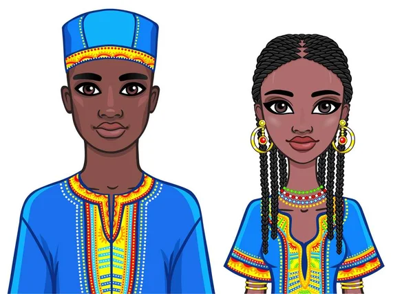 Portrait animé de la famille africaine en vêtements ethniques lumineux. Illustration vectorielle isolée sur fond blanc . — Image vectorielle