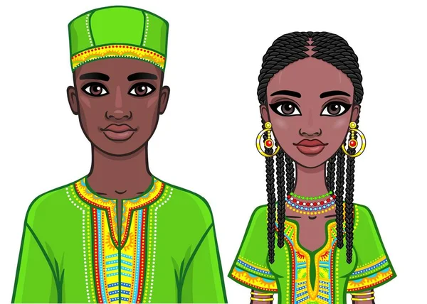 Animation porträtt av familjen afrikanska i ljusa etniska kläder. Vektorillustration isolerade på en vit bakgrund. — Stock vektor