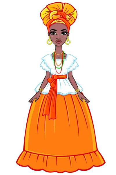 Portrét animace atraktivní brazilská dívka. Světlé etnické oblečení. Plné růst. Vektorové ilustrace izolované na bílém pozadí. — Stockový vektor