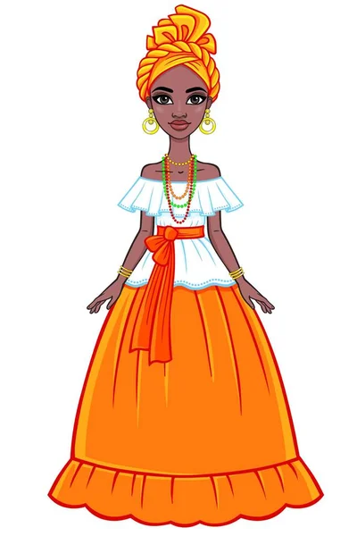 Animation portrait of the attractive Brazilian girl. Bright ethnic clothes. Full growth. The vector illustration isolated on a white background. — Διανυσματικό Αρχείο