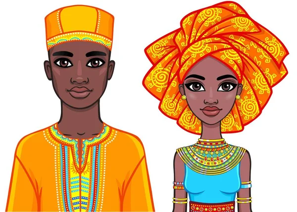 애니메이션 밝은 민족 옷에서 아프리카 가족의 초상화. 벡터 일러스트 레이 션 흰색 배경에 고립. — 스톡 벡터