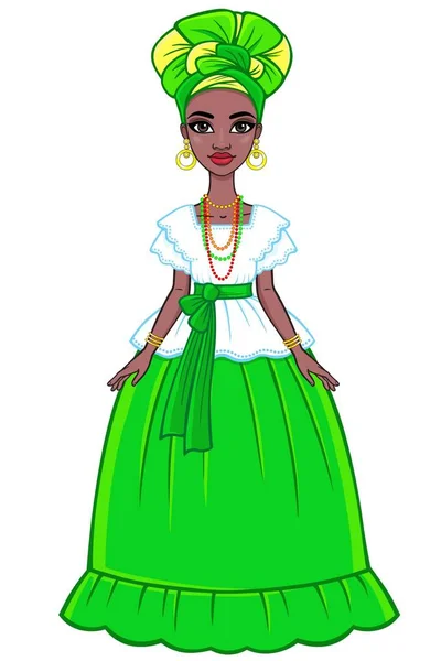 Animasyon çekici Brezilyalı kız portresi. Parlak etnik kıyafetler. Tam büyüme. Beyaz bir arka plan üzerinde izole vektör çizim. — Stok Vektör
