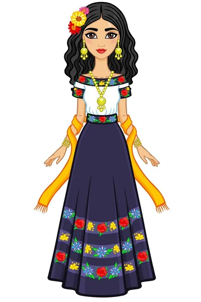 Retrato de animación de la joven hermosa mexicana vestida con ropa antigua. Crecimiento total. La ilustración vectorial aislada sobre un fondo blanco . — Vector de stock