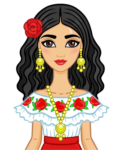 Retrato de animación de la joven hermosa mexicana vestida con ropa antigua. La ilustración vectorial aislada sobre un fondo blanco . — Vector de stock