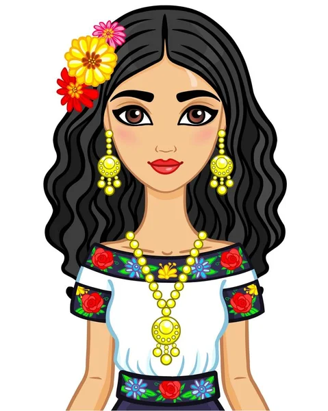 Retrato de animación de la joven hermosa mexicana vestida con ropa antigua. La ilustración vectorial aislada sobre un fondo blanco . — Vector de stock