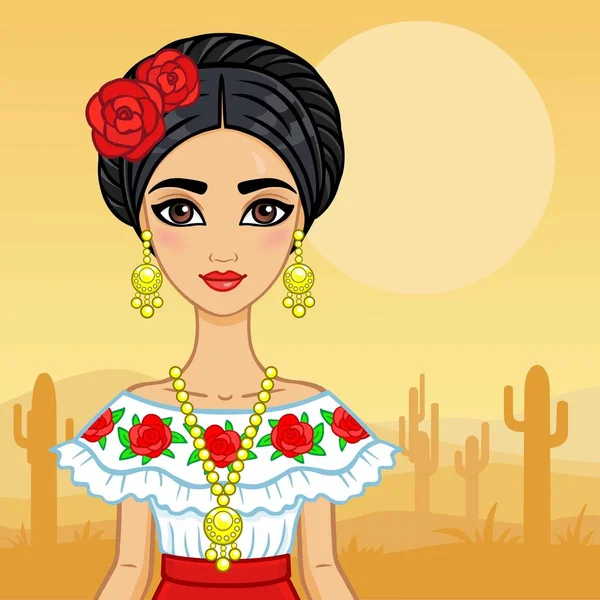 Animationsporträt des jungen mexikanischen Mädchens in antiken Kleidern. ein Hintergrund - die Wüste mit Kakteen. Vektorillustration. eine Karte, ein Plakat, die Einladung, der Ort für den Text. — Stockvektor