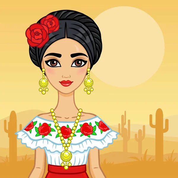 Animation portrait of the young Mexican girl in ancient clothes. A background - the desert with cactus. Vector illustration. A card, a poster, the invitation, the place for the text. — Stock Vector