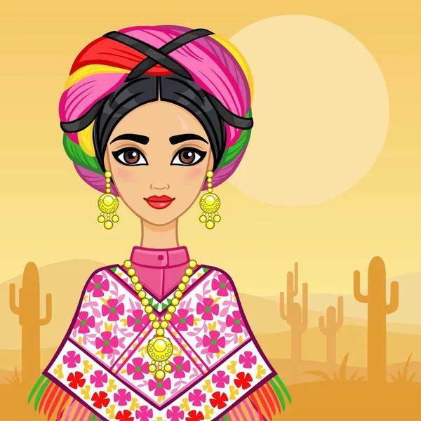 Retrato de animación de la joven mexicana vestida con ropa antigua. El fondo - el desierto con los cactus. Ilustración vectorial. Una tarjeta, un póster, la invitación, el lugar para el texto . — Archivo Imágenes Vectoriales