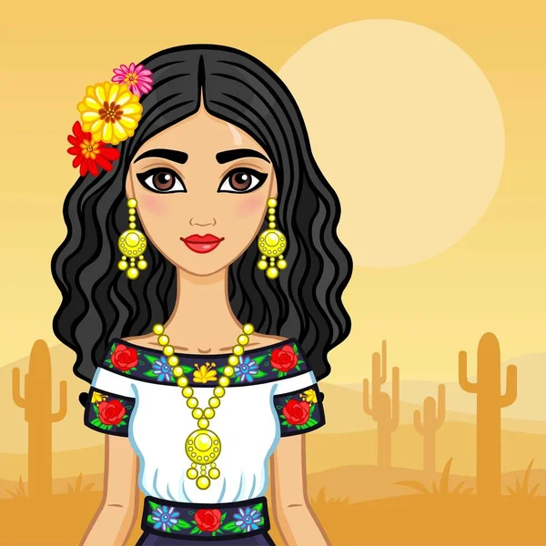 Retrato de animación de la joven mexicana vestida con ropa antigua. El fondo - el desierto con los cactus. Ilustración vectorial. Una tarjeta, un póster, la invitación, el lugar para el texto . — Vector de stock