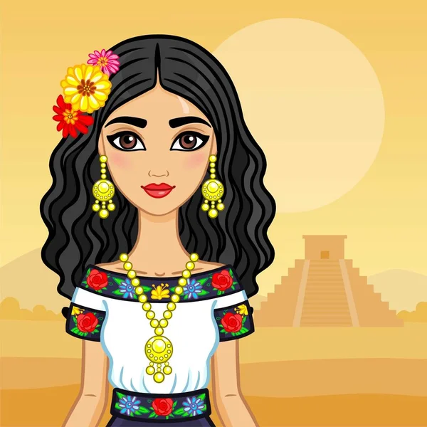 Animation portrait of the young beautiful Mexican girl in ancient clothes.  Background - a mountain landscape, an Indian pyramid. Vector illustration.  Card, poster, place for the text. — Stock Vector