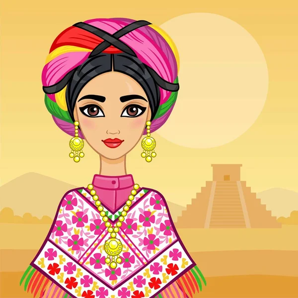 Animasyon eski giysiler içindeki genç güzel Meksika kız portresi. Arka plan - bir dağ manzarası, Hintli bir piramit. Vektör çizim. -Oyun kağıdı, poster, metni için bir yer. — Stok Vektör