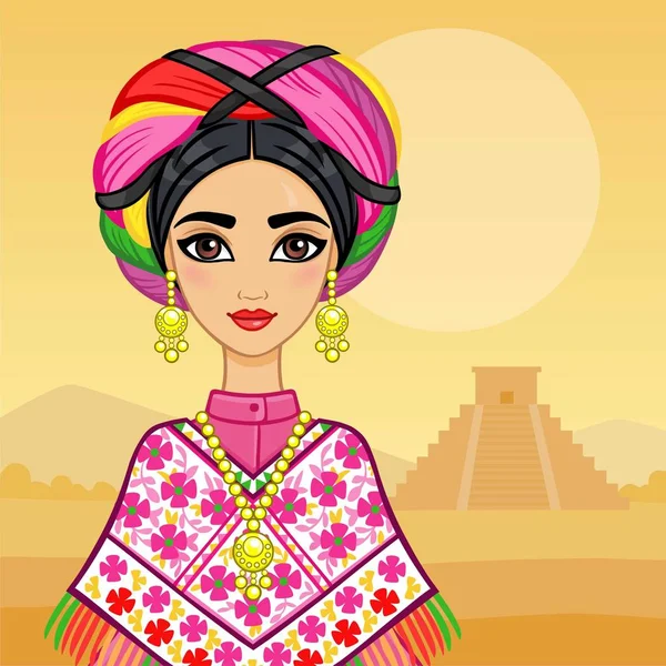 Retrato de animación de la joven hermosa mexicana vestida con ropa antigua. El fondo - el paisaje montañoso, la pirámide India. Ilustración vectorial. Tarjeta, póster, lugar para el texto . — Archivo Imágenes Vectoriales