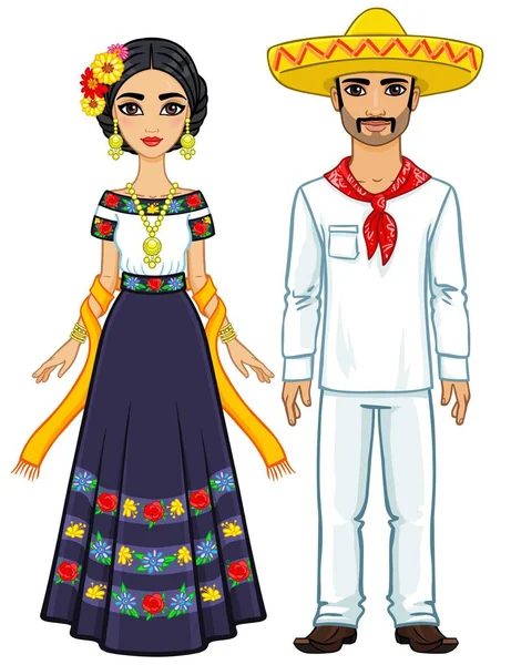 Portret van de animatie van de Mexicaanse familie in antieke feestelijke kleding. Volle groei. Vectorillustratie geïsoleerd op een witte achtergrond. — Stockvector