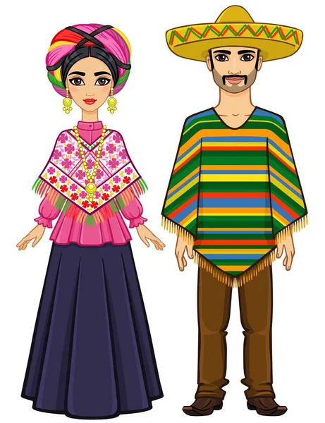 Animasyon antik Festival giysili Meksika aile portresi. Tam büyüme. Beyaz bir arka plan üzerinde izole vektör çizim. — Stok Vektör
