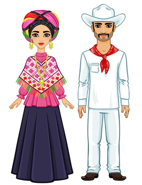 Animaci portrét mexické rodiny v starověké slavnostní oblečení. Plné růst. Vektorové ilustrace izolované na bílém pozadí. — Stockový vektor
