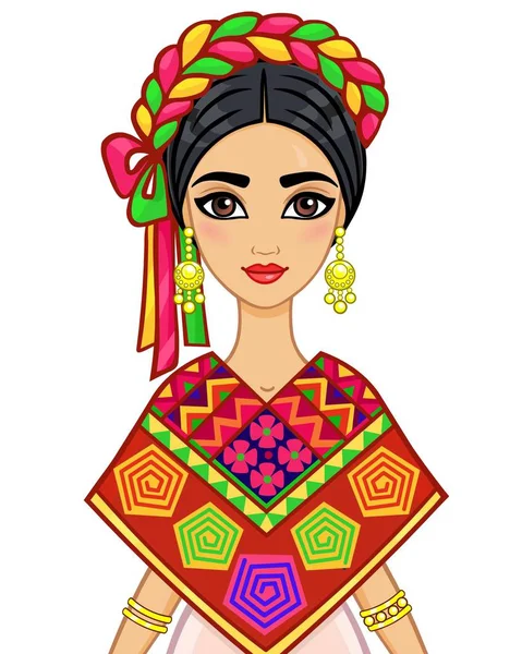 Animáció portréja a fiatal gyönyörű mexikói lány a régi ruhákat. A vektoros illusztráció elszigetelt fehér background. — Stock Vector