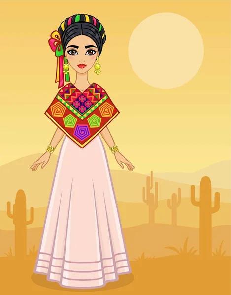 Animation portrait of the young Mexican girl in ancient clothes. Full growth. A background - the desert with cactus. Vector illustration. Card,  poster,  invitation, the place for the text. — Stock Vector