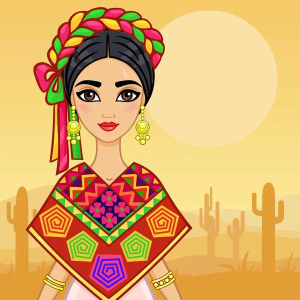 Animaci portrét mladé Mexické dívky ve starých šatech. Pozadí - poušť s kaktusy. Vektorové ilustrace. Karta, plakát, pozvánka, místo pro text. — Stockový vektor