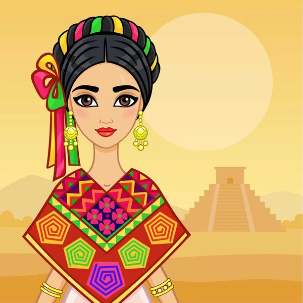 Retrato de animación de la joven hermosa mexicana vestida con ropa antigua. El fondo - el paisaje montañoso, la pirámide India. Ilustración vectorial. Tarjeta, póster, lugar para el texto . — Vector de stock