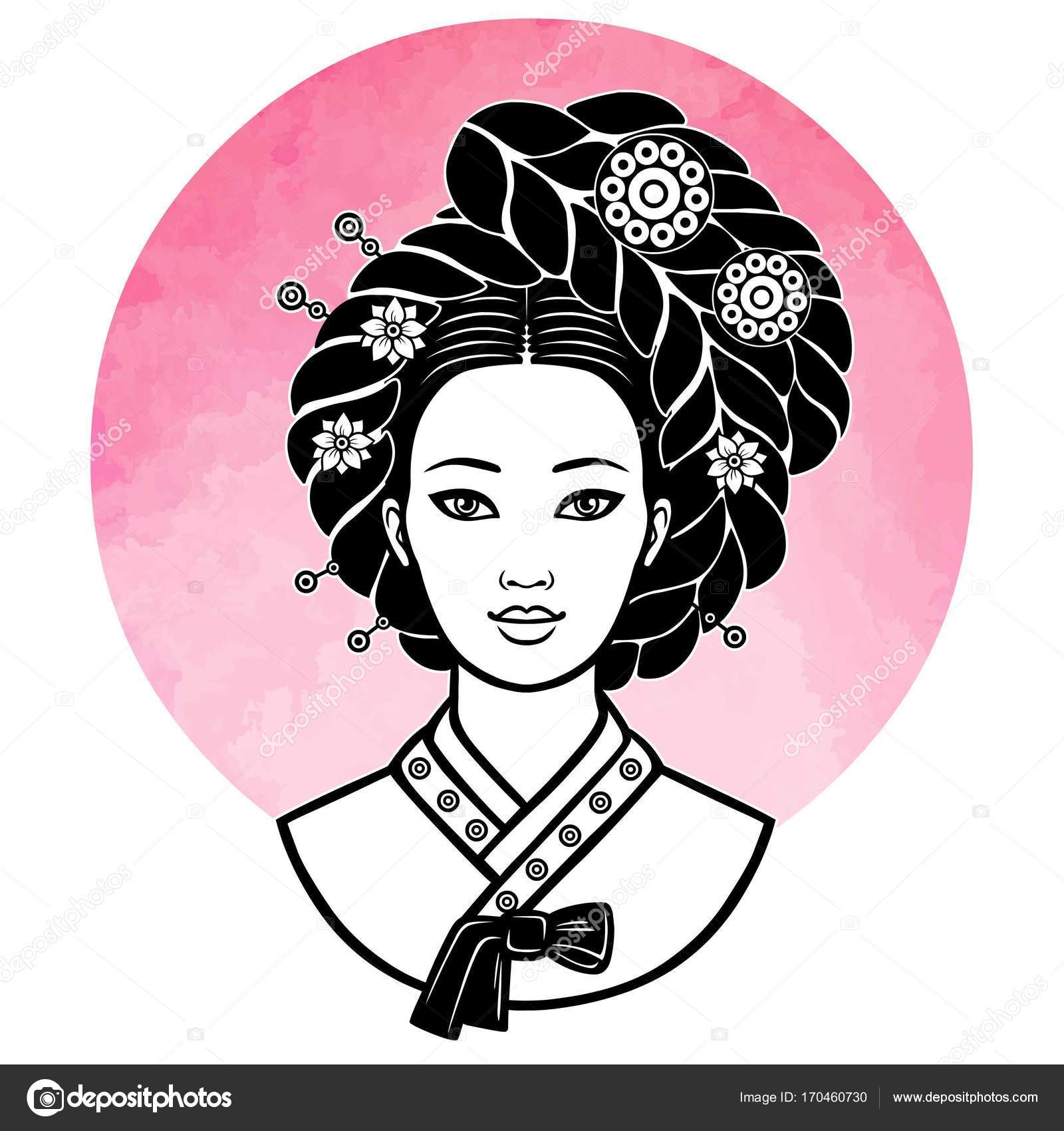 古代の髪型と若い韓国人の女の子の肖像画ピンクの太陽水彩画の模倣を