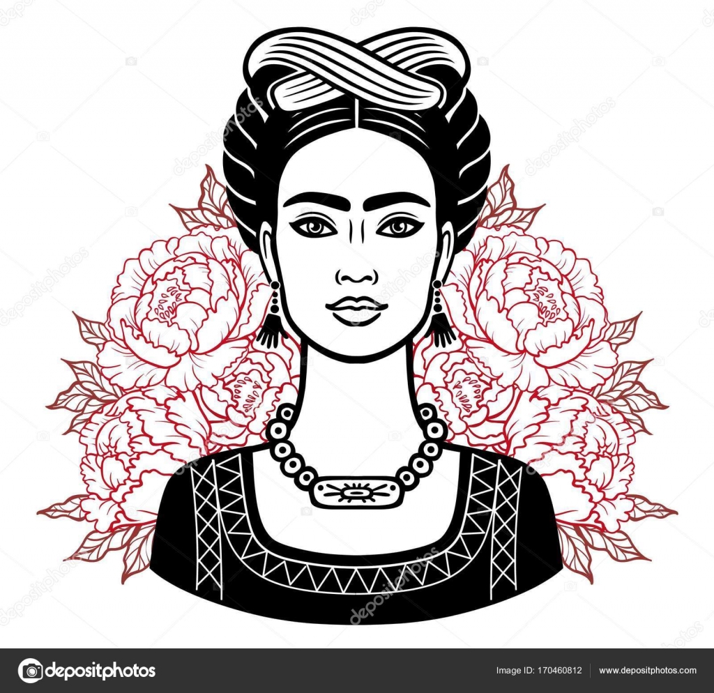 Ritratto di bella ragazza messicana in vestiti antichi sfondo la rose stilizzate Illustrazione