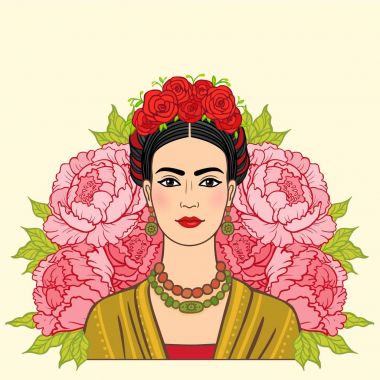 Portrait of the beautiful Mexican girl in  ancient  clothes, a background - the stylized roses. Boho chic, ethnic, vintage. Vector illustration isolated. clipart