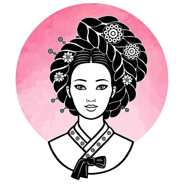 Potret gadis muda Korea dengan gaya rambut kuno. Gambar monokrom di latar belakang matahari merah muda, tiruan cat air. Ilustrasi vektor terisolasi. Cetak, poster, t-shirt, kartu . - Stok Vektor