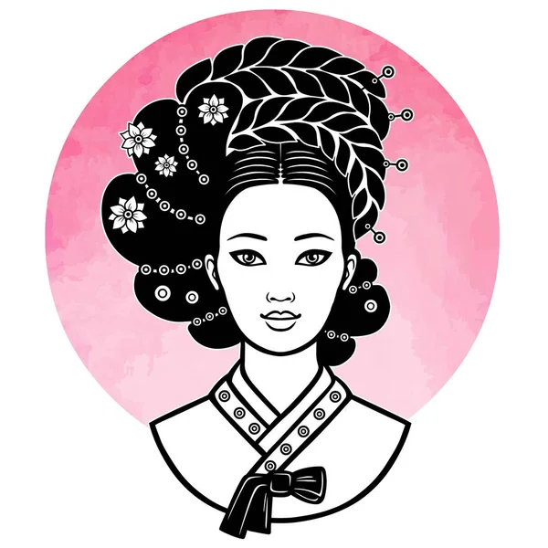 Retrato de la joven coreana con un peinado antiguo. Imagen monocromática sobre un fondo del sol rosado, imitación de una acuarela. Ilustración vectorial aislada. Imprimir, póster, camiseta, tarjeta . — Archivo Imágenes Vectoriales