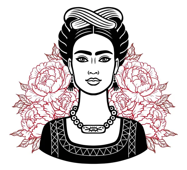 Retrato da bela menina mexicana na roupa antiga, contexto - as rosas estilizadas. Ilustração vetorial isolada sobre fundo branco. Impressão, cartaz, t-shirt, cartão . —  Vetores de Stock