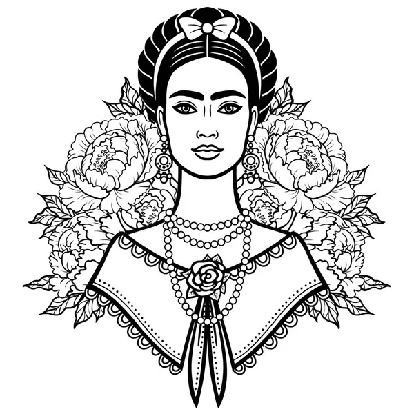 El retrato de la muchacha hermosa mexicana en la ropa antigua, el fondo - las rosas estilizadas. Ilustración vectorial aislada sobre fondo blanco. Imprimir, póster, camiseta, tarjeta . — Archivo Imágenes Vectoriales