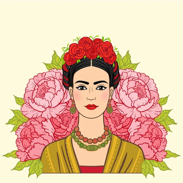 Eski giysileri, bir arka plan - stilize gül güzel Meksika kızı portresi. Boho chic, etnik, vintage. Vektör illüstrasyon izole.