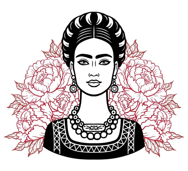 Potret gadis Meksiko yang cantik dengan pakaian kuno, latar belakang - mawar bergaya. Ilustrasi vektor diisolasi pada latar belakang putih. Cetak, poster, t-shirt, kartu . - Stok Vektor