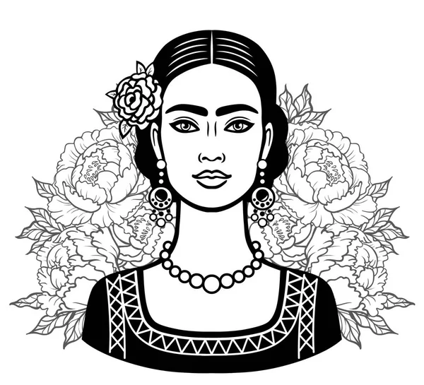 Πορτρέτο του όμορφη μεξικάνικο κορίτσι στην αρχαία ρούχα, φόντο - τα σχηματοποιημένα τριαντάφυλλα. Vector εικονογράφηση απομονωθεί σε λευκό φόντο. Εκτύπωση, αφίσα, μπλουζάκι, κάρτα. — Διανυσματικό Αρχείο