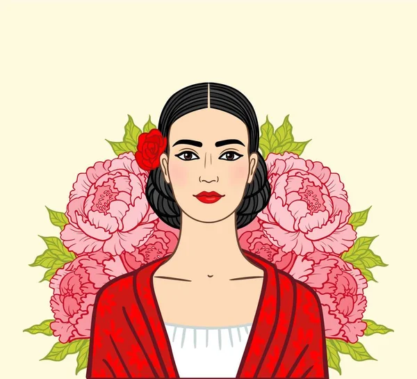 Portret van de mooi Mexicaans meisje in oude kleren, een achtergrond - de gestileerde rozen. Boho chic, etnische, vintage. Vectorillustratie geïsoleerd. — Stockvector