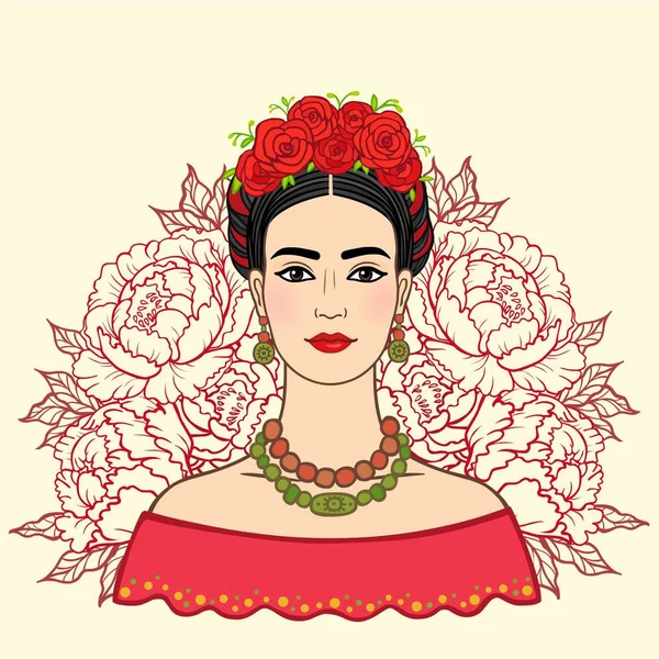 El retrato de la muchacha hermosa mexicana en la ropa antigua, el fondo - las rosas estilizadas. Boho chic, étnico, vintage. Ilustración vectorial aislada . — Vector de stock